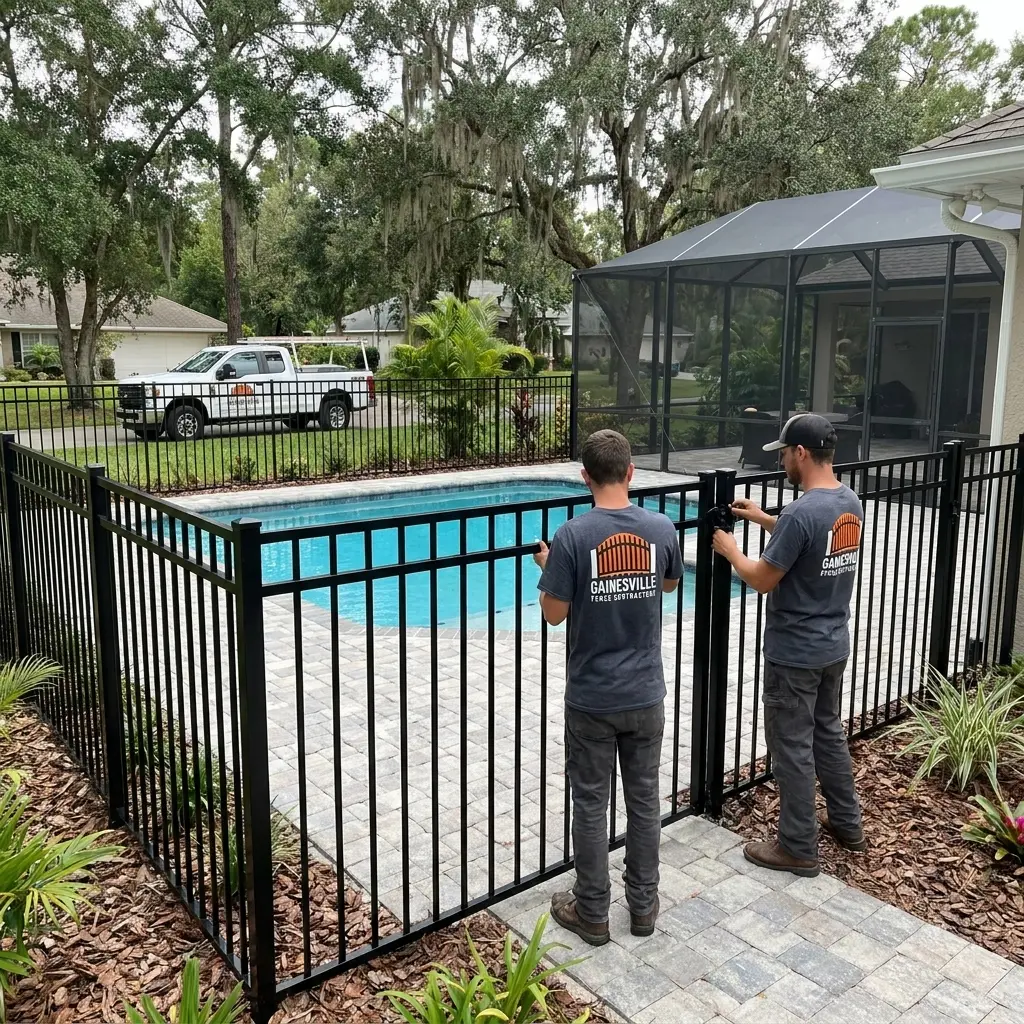Gainesville Fence Contractors black aluminum ornamental fence around a pool