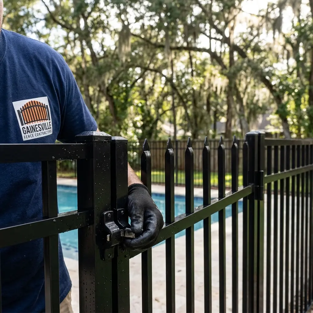 Aluminum pool-code fence installed around a Gainesville backyard pool