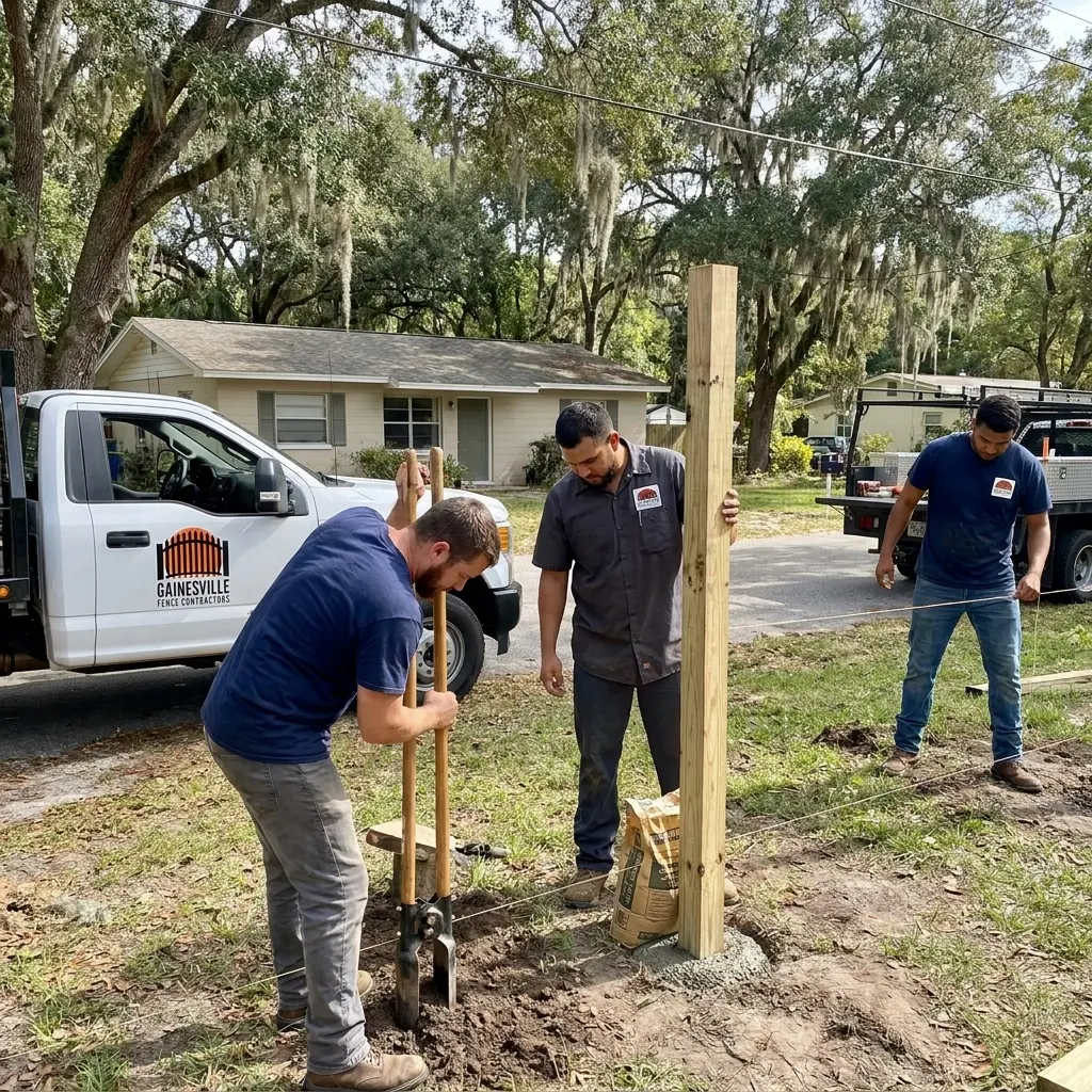 Gainesville Fence Contractors crew setting fence posts