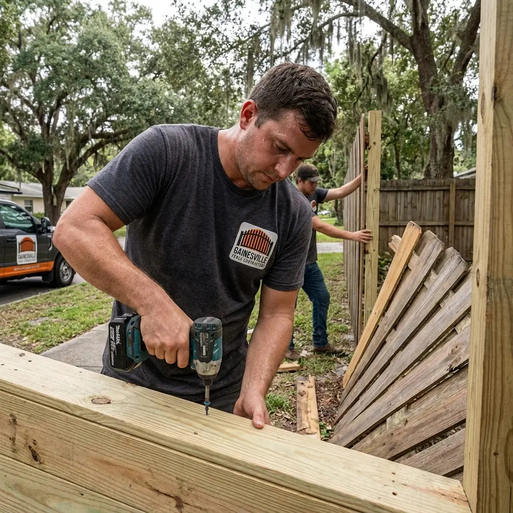Gainesville Fence Contractors repairing a damaged wood fence panel