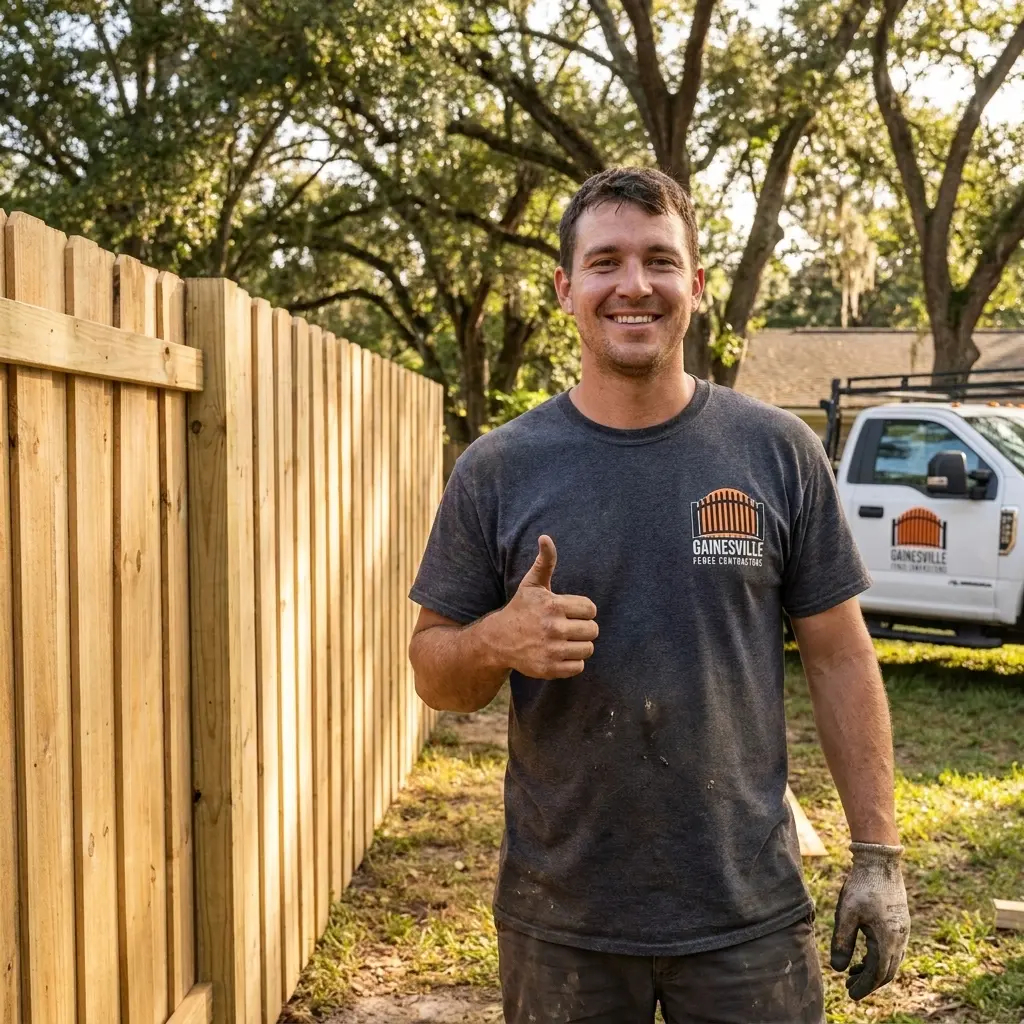 Gainesville Fence Contractors installer giving a thumbs up on a finished fence